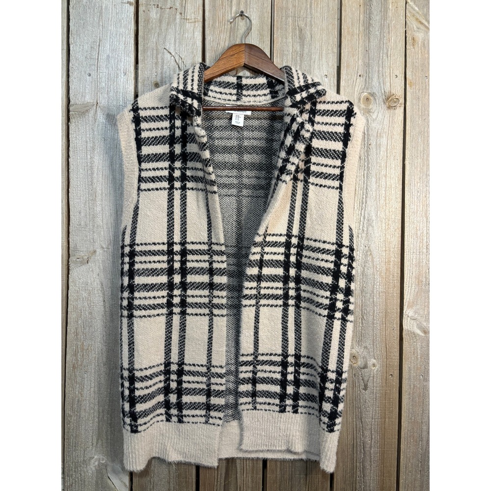 William Rast Womens Plaid Knit Cardigan Vest Cream Black Open Front Size M